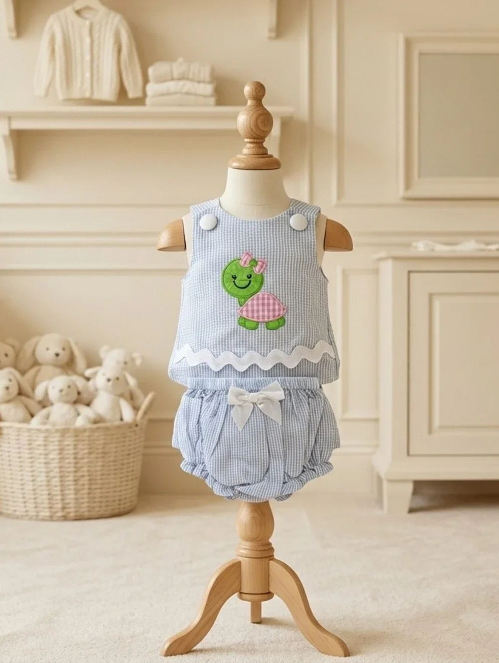 Lil Cactus Blue & White Seersucker Turtle Appliqué 2-Piece Set | Size 6-12M